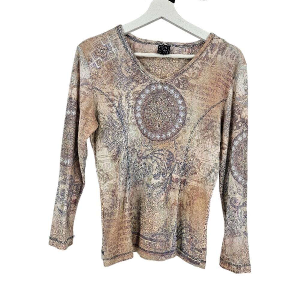 Vintage Y2k Suzie in the City Mandala Top Cream Beige Long Sleeve Slim Size L